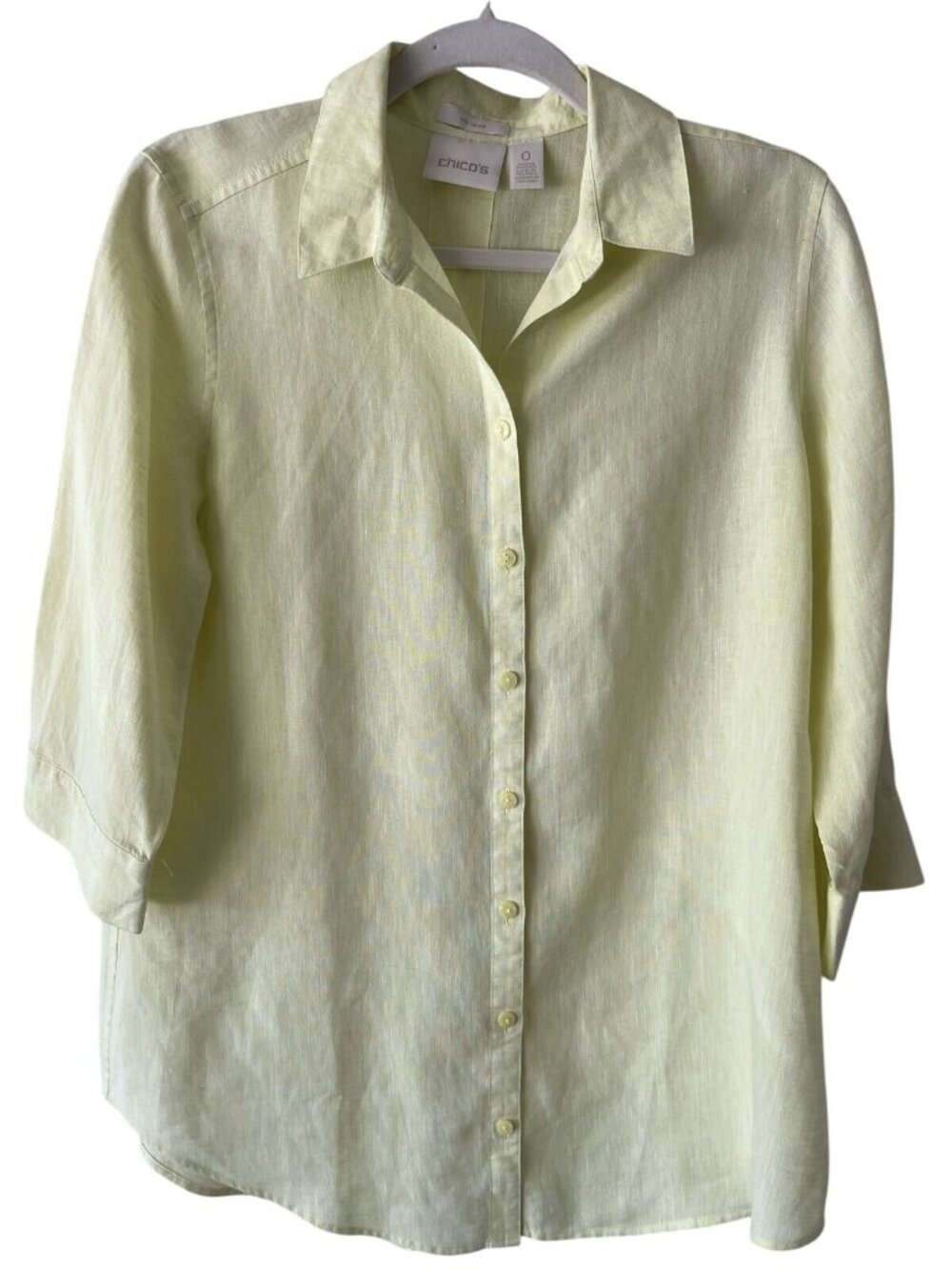 Chicos Button Front Shirt Size 0 or Small Lemon Yellow 100% Linen 3/4 Sleeve
